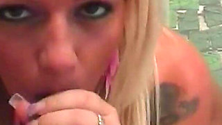 Blonde Slut with Big Tits Masturbates and Has Sex in the Pool
