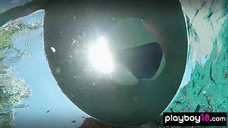 Ebony cougar and her naked GFs wash a car