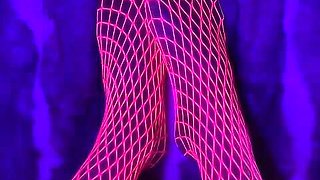 Pink Neon Fishnet on Sexy Small Asian Feet with Long Toes