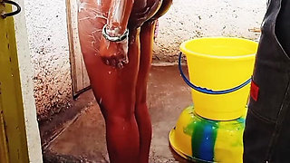 Outdoor Bathing My Pregnant Girlfriend in Dirty Environment