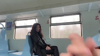 Slutty Russian brunette got some cum on her face by a stranger in a train
