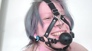 Ball Gagged Fuck Doll Fucks Pussy and Squirts