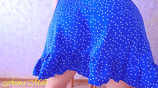 Girl teases her beautiful pink pussy from under the skirt, shakes her juicy ass and cums with moans