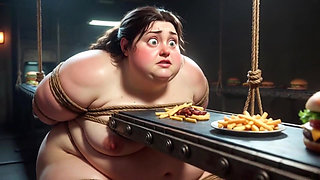 Tied up SSBBW Eats Massive Meal While Kneeling - Belly Stuffing