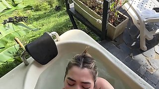Big titted colombiana rides his cock outside in a jacuzzi POV