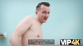 Caught cheating, a brunette wife makes her husband sit and watch as she fucks her lover