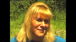 Hairy MILF blonde outdoor casting with bushy mature beauty