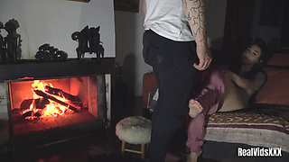 A Young Latina Fucks Her Boyfriend Passionately on the Couch by the Fireplace