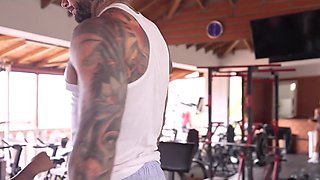 Tattooed brunette met a hot guy in the gym, then went home with him and got fucked there