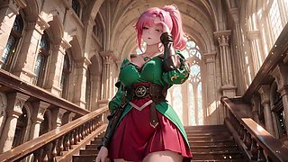 Hentai Vixen Deep Squats Teasingly Beneath Giant Magic Array in Green Battle Gear Stretched Tight