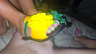 Stepmom in Bright Flip-flops in Bed with Her Stepson