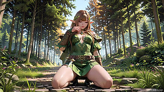 Green Elf in the Forest Secret! Kneeling Gaze Under Dappled Sunlight, a Dreamy Tease with Fingertips Touching Her Lips