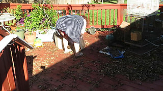 Playing in my garden showing off my tits belly ass, legs and fat pussy flashing you while cleaning up my leaves! red lace thong!