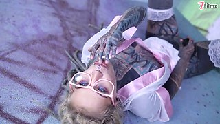 Glasses dressed in tattooed chick likes the tattooed dick hardcore dp and facial cumshot
