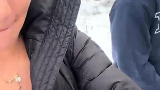 Hot slut suck cock in the snow and anal ride it in the car