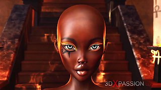 Ancient Egypt. Anubis plays with a hot black girl in the temple
