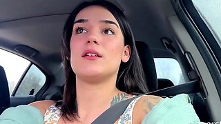 Pretty dark-haired likes public onanism in her car