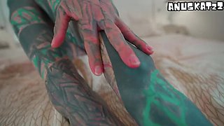 Heavily Tattooed Teen Fucks Herself With Big Dildo