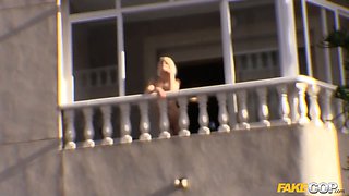 Faux cop - sexy blondie exhibitionist is nailed by a policeman with a Big Dick