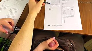 Schoolgirl Helps Big Cock Under Desk During Exam for Right Answers – Handjob Cumshot