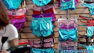 Busty tattooed femdoms in spandex have fun with boy