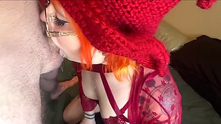 Cosplayer girl gives an amazing sloppy blowjob