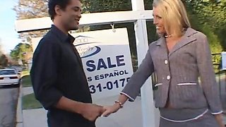 Blonde MILF double penetrated in interracial bukkake gangbang