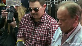 Strangers enjoy playing with skinny redheads holes in public