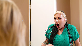 Huge-titted ash-blonde splatters when nurse enters