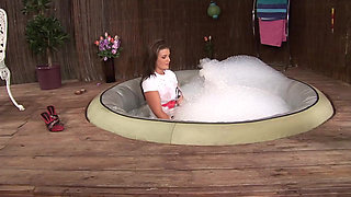 Hot tight pussy cheating wife gets fingered & fucked by the pool by big dick waitress in wet t-shirt