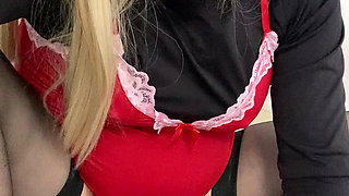 Part 3 Amateur Sissy Crossdresser try's to squirt on dildo  for Daddy and talks about him paying  $8k for her breast  implants