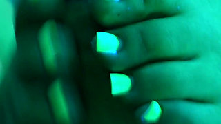 4K Tanning Studio Footjob From Hot Blonde MILF with Long Neon Green Toenails & Cum on Toes