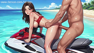 A beautiful woman in a Korean-style comic style, a Korean beauty, on a beautiful seaside motorboat! New style,   AI generated