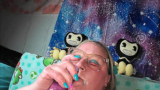 Busty Big Boobs MILF 14 Inch Dildo Throat Training