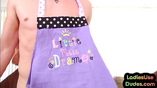Pegging babes humping apron sissy with strapon in sex orgy
