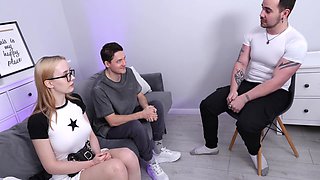 My Cute Cuckold Boyfriend Patiently Holds My Hand While The Boss Fucks Me At The Interview!