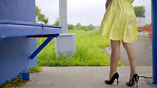 128 Subtle Outdoor Flirting with Passing Drivers at a Bus Stop. Do You Like My Legs? 60fps