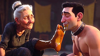 Submissive Slave Licking Wrinkled Feet of Old Ladies