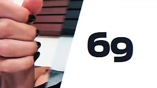 Tanned Asian shemale with snake bra enjoys masturbating on