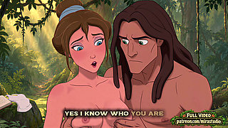 Jane and Tarzan first contact as he explores a woman's naked body