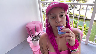 Bimbo Vaping in Your Face Smoke Clouds Outdoors Balcony Vape