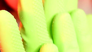 Hot pussy masturbation of horny MILF in rubber household gloves