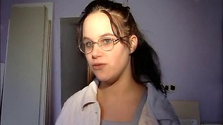 Glasses Cute Brunette Slurps Big Cock on Toilet