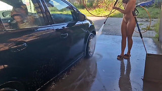 I Undress While Washing the Car at the Car Wash, Showing My Tits and Pussy in Public