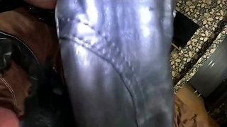 Black Leather Jacket & Shiny Pants Cameltoe Tease, Deepthroat and Cum on Leather