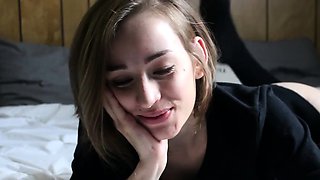 Busty curly brunette with big boobs fucks on couch