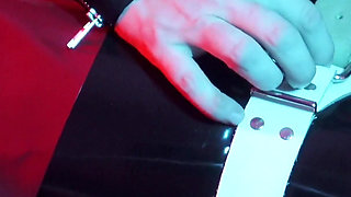 Heavy rubber masked latexgirl stretched and tickled