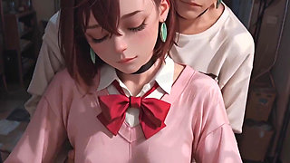 Nighttime Seduction - Red Bow Unfastened, Blue Skirt Lifted, Secret Nipples Exposed Under Soft Light