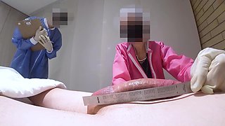 Two nurses tease my cock with their hands and then one of them starts riding it in reverse cowgirl position