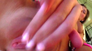 Close up with teen blonde sex doll rubbing her cunt